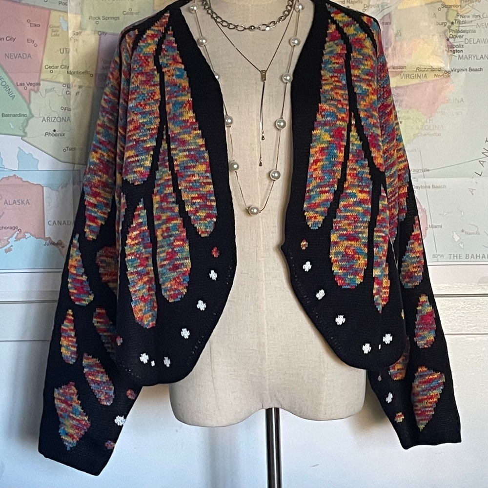 Multicolor Butterfly Wing Knit Cardigan Open Front Scalloped XXL NEW monarch